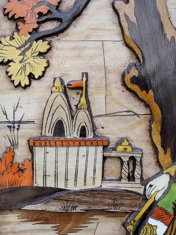 Exotic India 36" Radha Krishna Seated Under The Tree | 3D Wall Panel In Rosewood With Inlay Work 