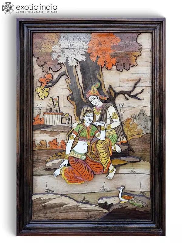 exotic india 36" Radha Krishna Seated Under The Tree | 3D Wall Panel in Rosewood with Inlay Work 