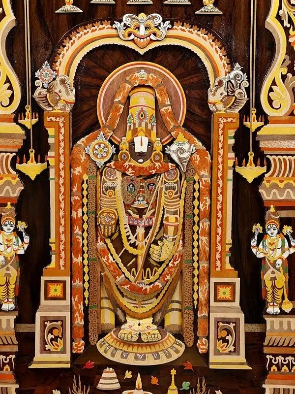 Exotic India 36" Superfine Tirupati Balaji (Venkateshvara) | Colorful 3D Wall Panel In Rosewood With Inlay Work 