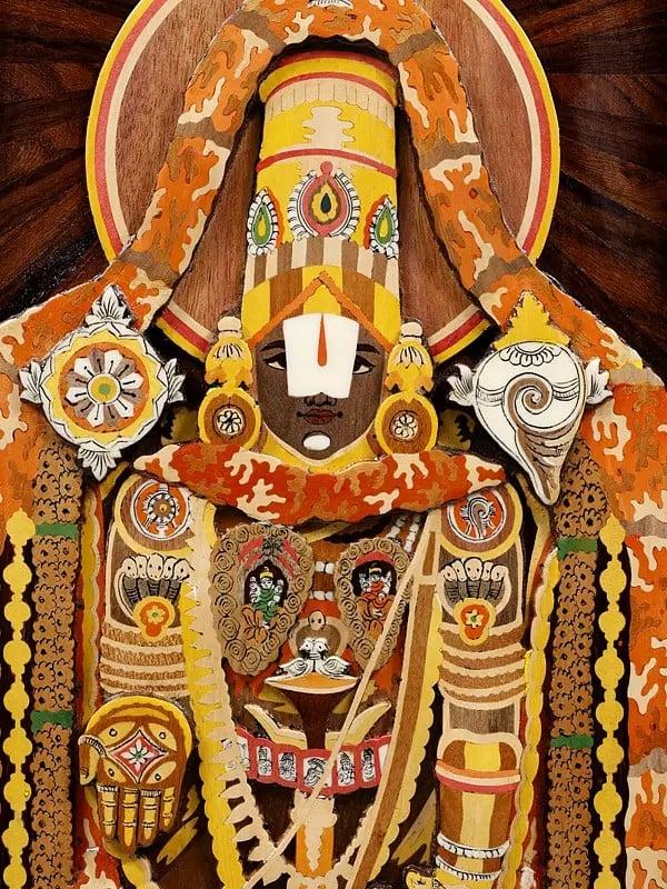 Exotic India 36" Superfine Tirupati Balaji (Venkateshvara) | Colorful 3D Wall Panel In Rosewood With Inlay Work 