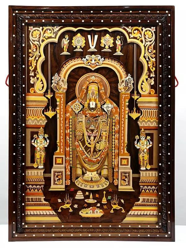 exotic india 36" Superfine Tirupati Balaji (Venkateshvara) | Colorful 3D Wall Panel in Rosewood with Inlay Work 