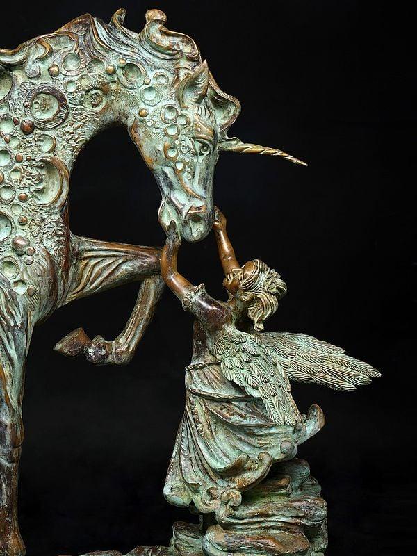 Exotic India 36" The Graceful Bond : Angel And Unicorn Sculpture | Home Decor 