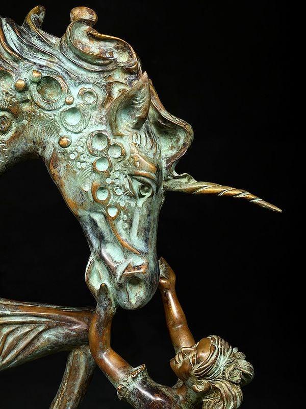 Exotic India 36" The Graceful Bond : Angel And Unicorn Sculpture | Home Decor 