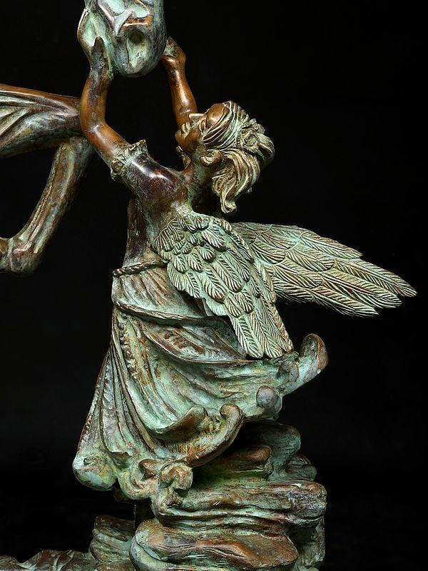 Exotic India 36" The Graceful Bond : Angel And Unicorn Sculpture | Home Decor 