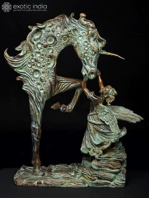 exotic india 36" The Graceful Bond : Angel and Unicorn Sculpture | Home Decor 