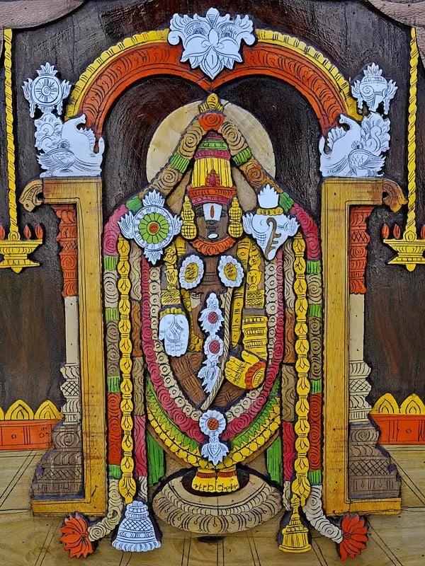 Exotic India 36" Tirupati Balaji (Venkateshvara) With Kirtimukha Prabhavali | 3D Wall Panel In Rosewood With Inlay Work 