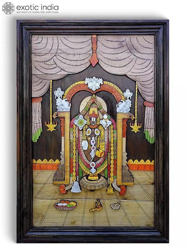 exotic india 36" Tirupati Balaji (Venkateshvara) with Kirtimukha Prabhavali | 3D Wall Panel in Rosewood with Inlay Work 