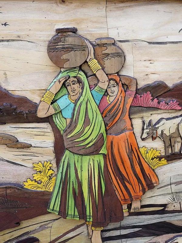 Exotic India 36" Village Women Carrying Water Pot | 3D Wall Panel In Rosewood With Inlay Work 