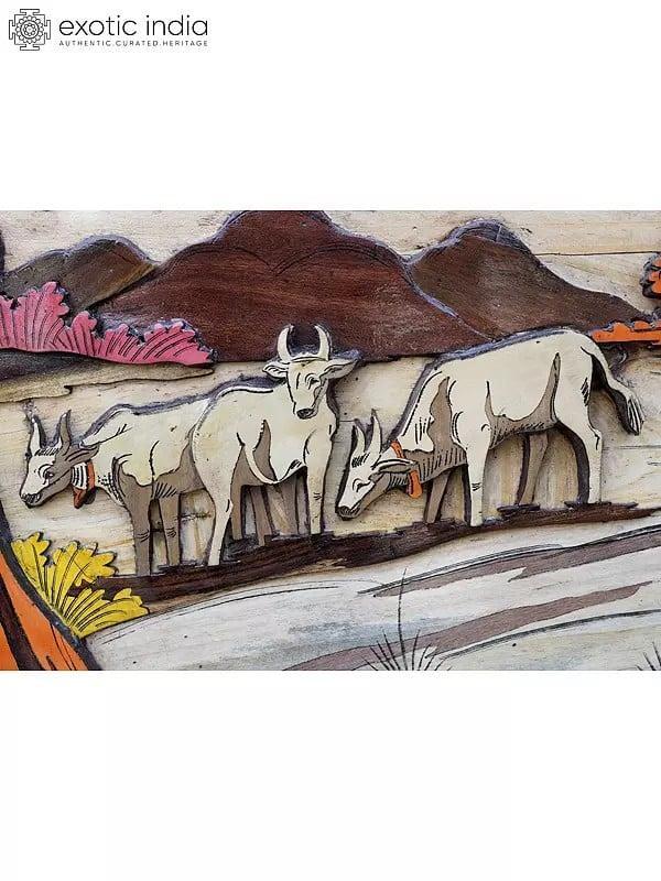 Exotic India 36" Village Women Carrying Water Pot | 3D Wall Panel In Rosewood With Inlay Work 