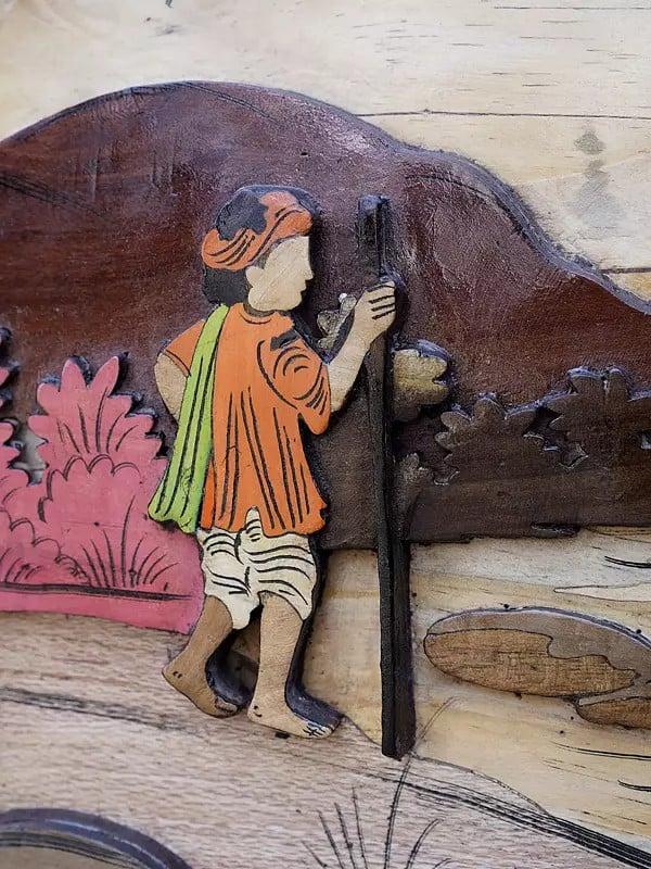 Exotic India 36" Village Women Carrying Water Pot | 3D Wall Panel In Rosewood With Inlay Work 