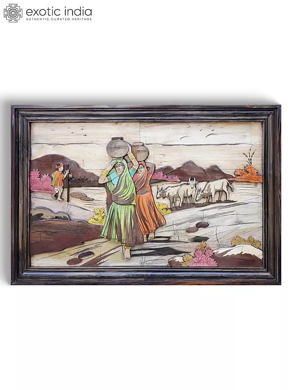 exotic india 36" Village Women Carrying Water Pot | 3D Wall Panel in Rosewood with Inlay Work 