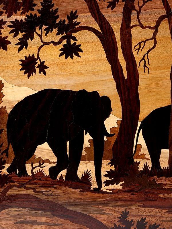 Exotic India 37" Elephants In Jungle | Natural Color On Wood Panel With Inlay Work 