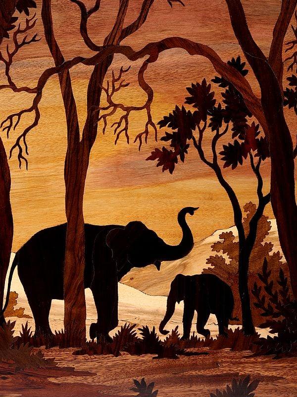 Exotic India 37" Elephants In Jungle | Natural Color On Wood Panel With Inlay Work 