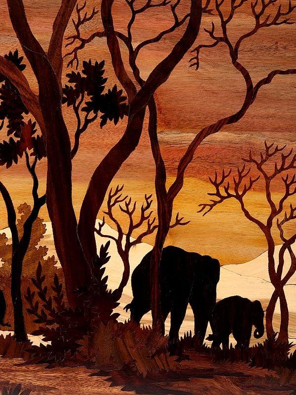 Exotic India 37" Elephants In Jungle | Natural Color On Wood Panel With Inlay Work 