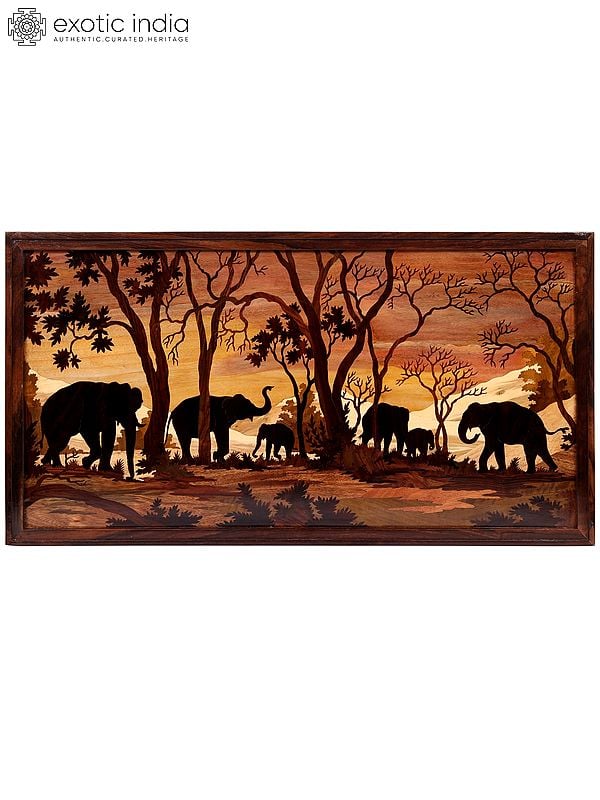 exotic india 37" Elephants In Jungle | Natural Color On Wood Panel With Inlay Work 
