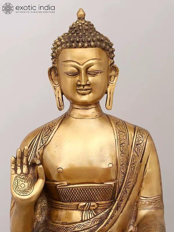 Exotic India 37" Large Standing Lord Buddha In Abhaya And Varada Mudra | Brass Statue 