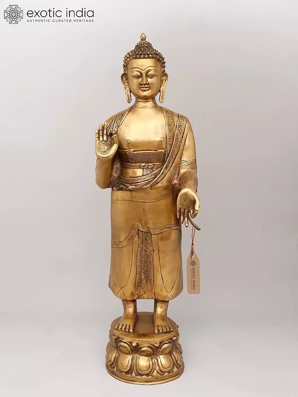 exotic india 37" Large Standing Lord Buddha in Abhaya and Varada Mudra | Brass Statue 