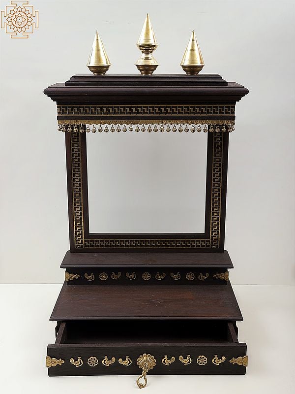 Exotic India 37" Large Wooden Designer Temple With Brass Dangling Ghungroos 