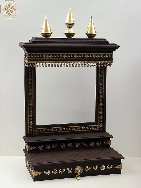 Exotic India 37" Large Wooden Designer Temple With Brass Dangling Ghungroos 