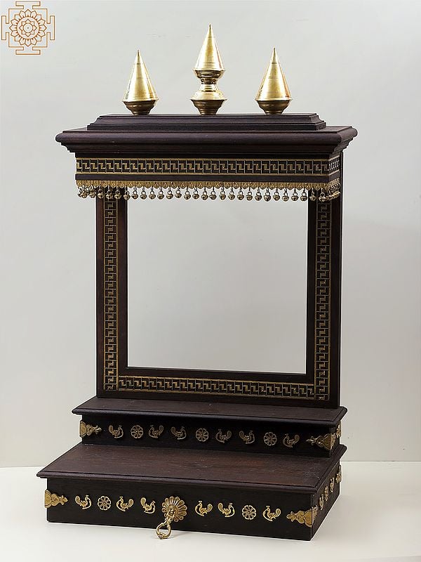 Exotic India 37" Large Wooden Designer Temple With Brass Dangling Ghungroos 