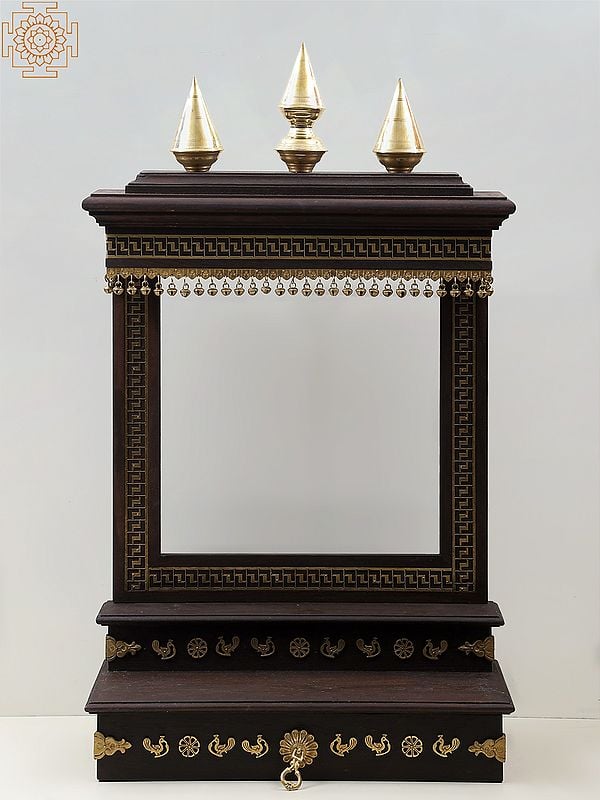 exotic india 37" Large Wooden Designer Temple with Brass Dangling Ghungroos 
