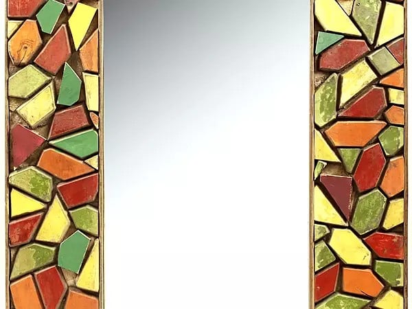 Exotic India 37" Vintage Colorful Wooden Cut Piece Design Framed Mirror 