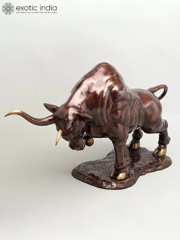 Exotic India 38" Attacking Angry Bull | Home Decor | Brass Statue 