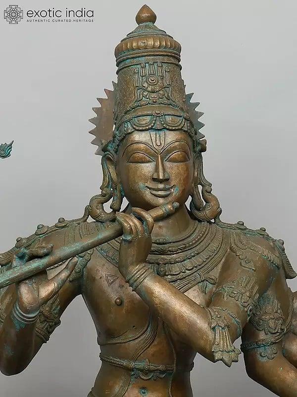 Exotic India 38" Large Ten Armed Sitting Venugopal (Lord Krishna) | Madhuchista Vidhana (Lost-Wax) | Panchaloha Bronze From Swamimalai 