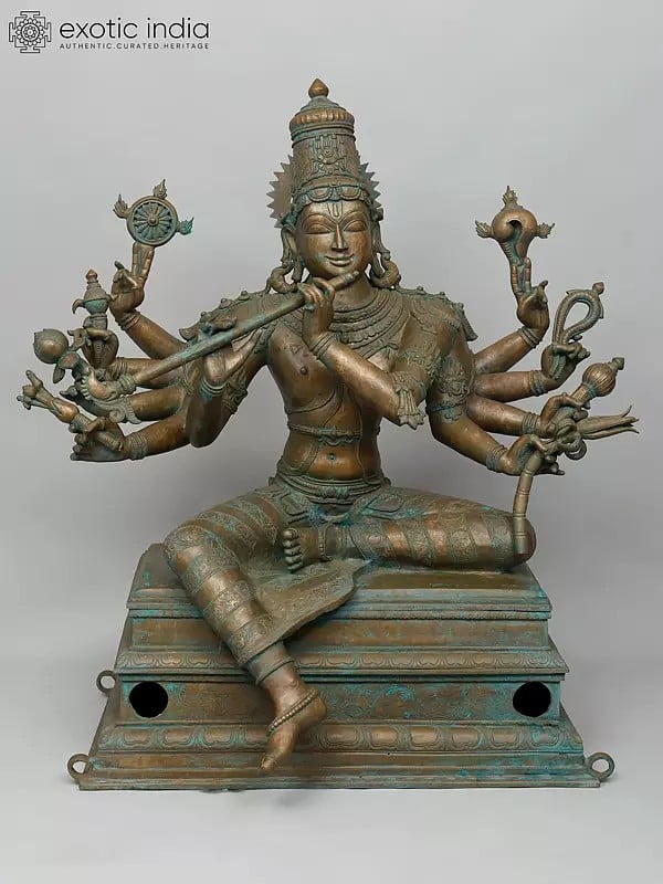 exotic india 38" Large Ten Armed Sitting Venugopal (Lord Krishna) | Madhuchista Vidhana (Lost-Wax) | Panchaloha Bronze from Swamimalai 