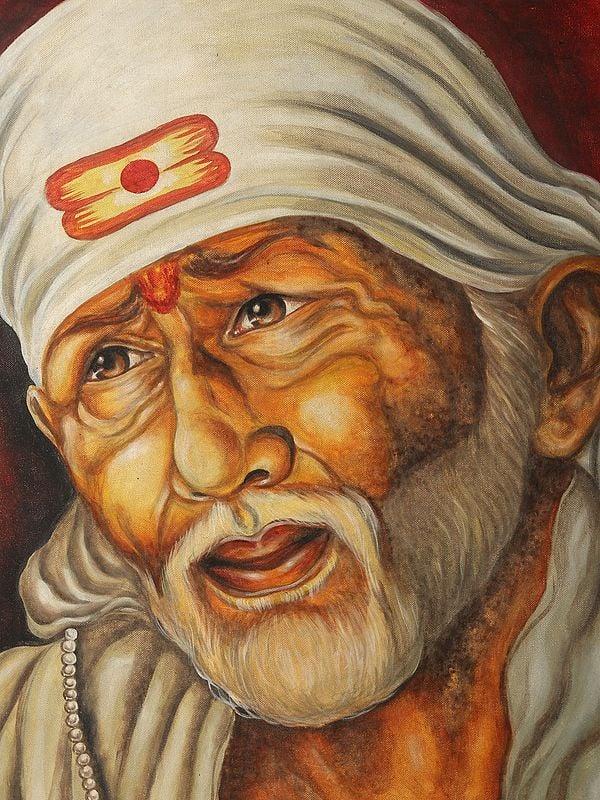 Exotic India 38" Sai Baba Oil Painting With Vintage Mirror Frame 
