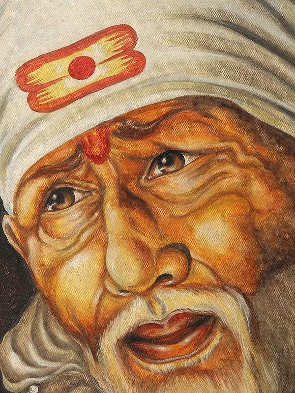 Exotic India 38" Sai Baba Oil Painting With Vintage Mirror Frame 