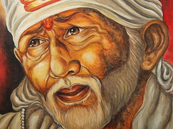 Exotic India 38" Sai Baba Oil Painting With Vintage Mirror Frame 