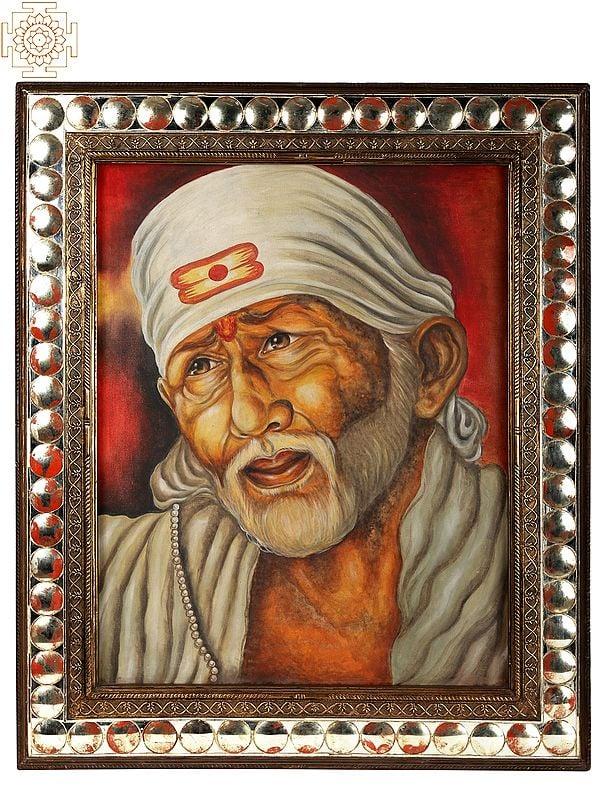 exotic india 38" Sai Baba Oil Painting with Vintage Mirror Frame 