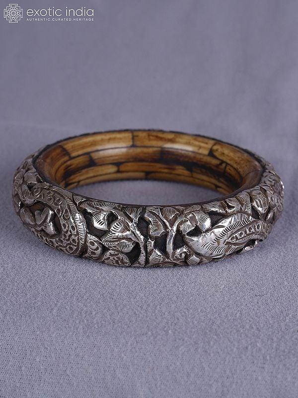 Exotic India 4" Attractive Engraved Amber And Silver Bangle From Nepal 