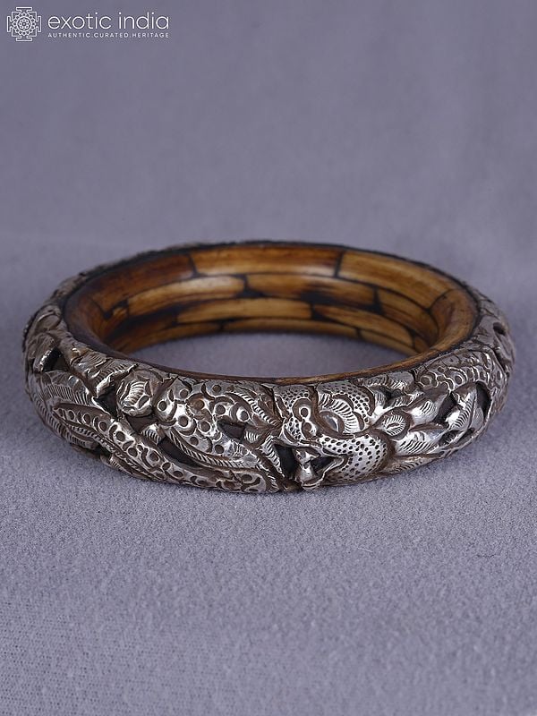 Exotic India 4" Attractive Engraved Amber And Silver Bangle From Nepal 