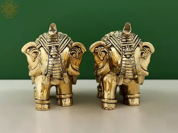 Exotic India 4" Engraved Lakshmi Ganesha Pair Of Elephant Statues With Trunk Up | Handmade 