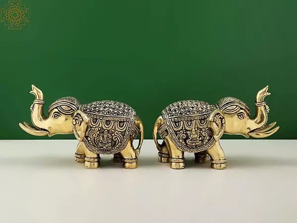 Exotic India 4" Engraved Lakshmi Ganesha Pair Of Elephant Statues With Trunk Up | Handmade 