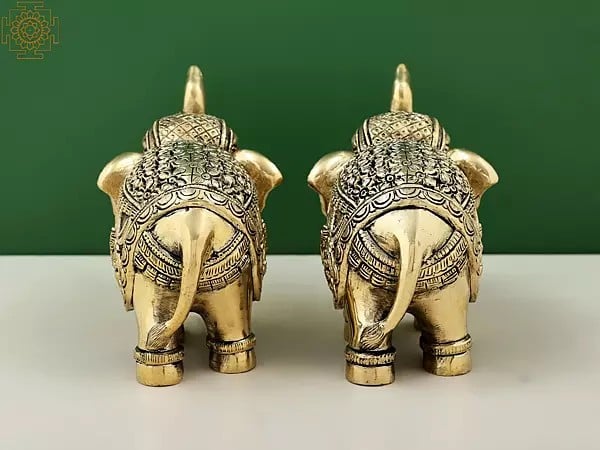 Exotic India 4" Engraved Lakshmi Ganesha Pair Of Elephant Statues With Trunk Up | Handmade 