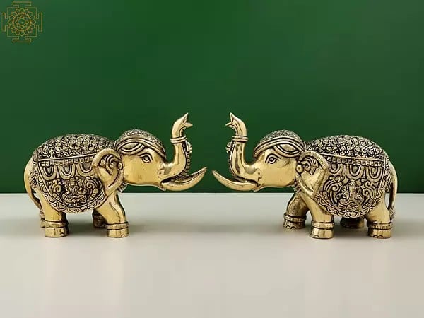 exotic india 4" Engraved Lakshmi Ganesha Pair of Elephant Statues with Trunk Up | Handmade 
