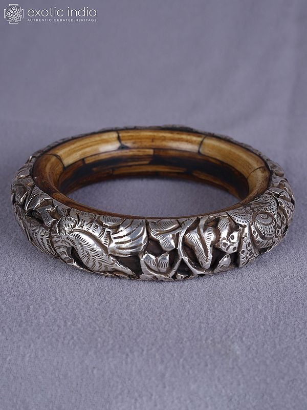 Exotic India 4" Engraved Silver Attractive Bangles From Nepal