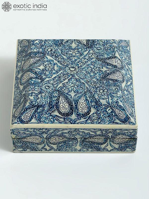 Exotic India 4" Hand-Painted Square Wood Trinket Box | From Kashmir