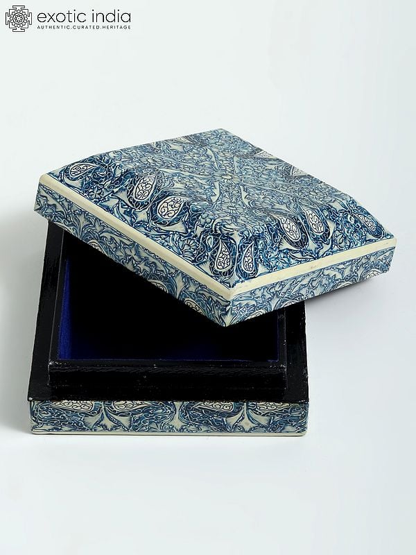 Exotic India 4" Hand-Painted Square Wood Trinket Box | From Kashmir