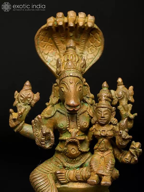 Exotic India 4" Hayagriva Avatara Of Lord Vishnu With Devi Lakshmi | Madhuchista Vidhana (Lost-Wax) | Panchaloha Bronze From Swamimalai 