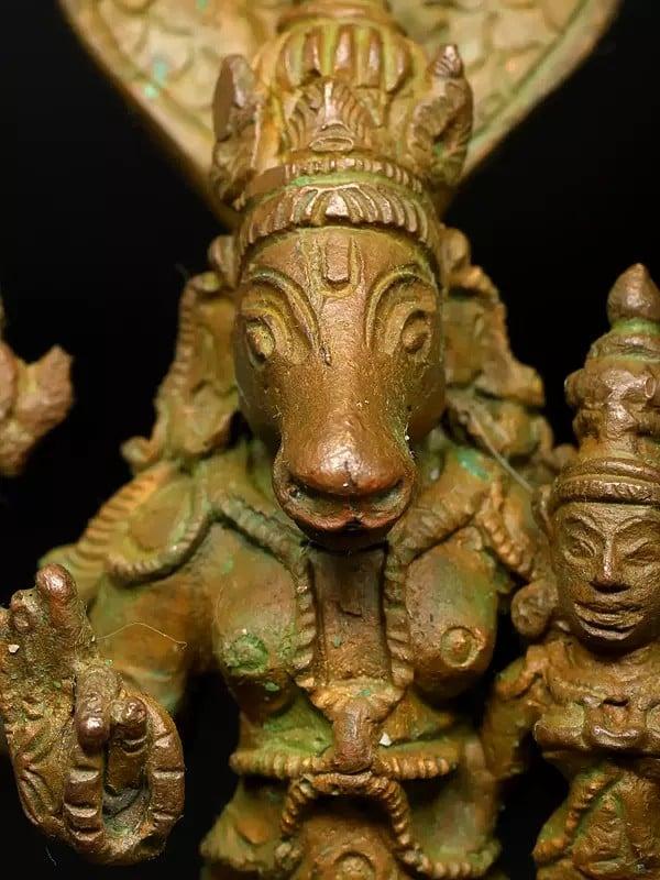 Exotic India 4" Hayagriva Avatara Of Lord Vishnu With Devi Lakshmi | Madhuchista Vidhana (Lost-Wax) | Panchaloha Bronze From Swamimalai 