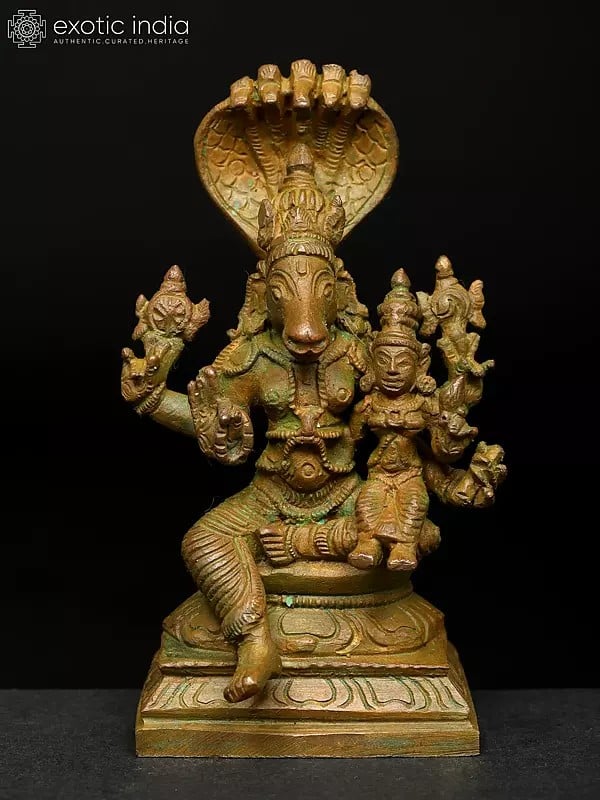 exotic india 4" Hayagriva Avatara of Lord Vishnu with Devi Lakshmi | Madhuchista Vidhana (Lost-Wax) | Panchaloha Bronze from Swamimalai 