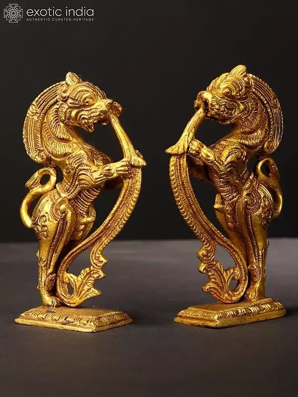 Exotic India 4" Pair Of Yali Brackets Figurines In Brass | Handmade | Made In India 