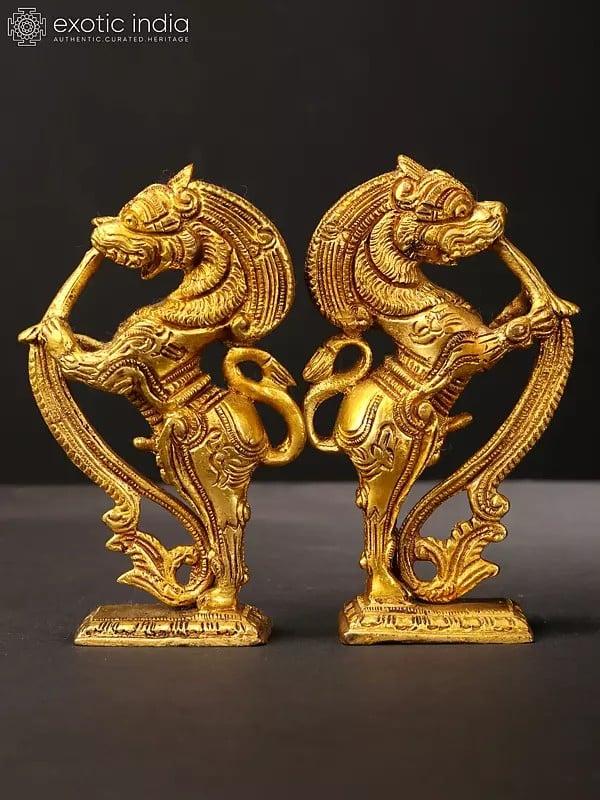 Exotic India 4" Pair Of Yali Brackets Figurines In Brass | Handmade | Made In India 