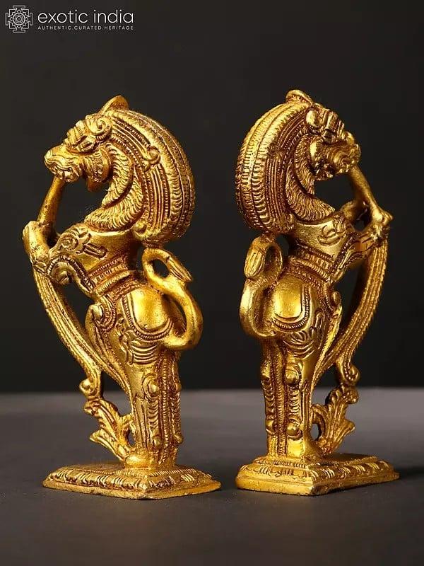 Exotic India 4" Pair Of Yali Brackets Figurines In Brass | Handmade | Made In India 