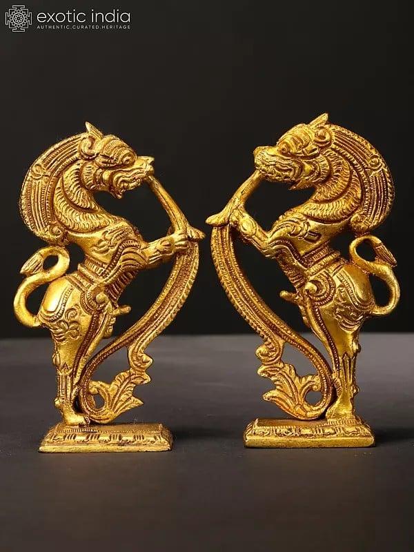 exotic india 4" Pair of Yali Brackets Figurines in Brass | Handmade | Made in India 