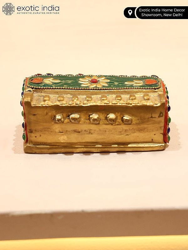 Exotic India 4" Small Brass Decorative Harmonium With Inlay Work | Musical Decor 